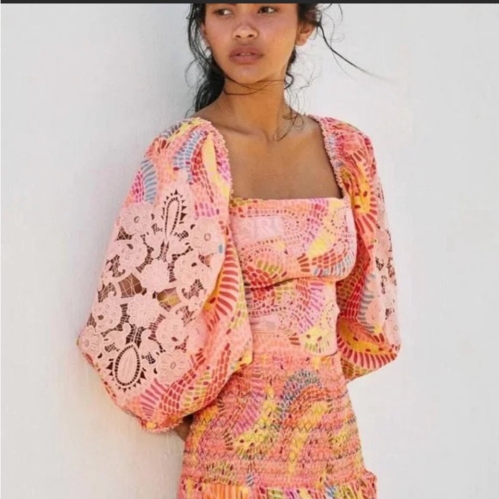 FARM Rio Pink Multi Crochet Puff-Sleeve Crop Top